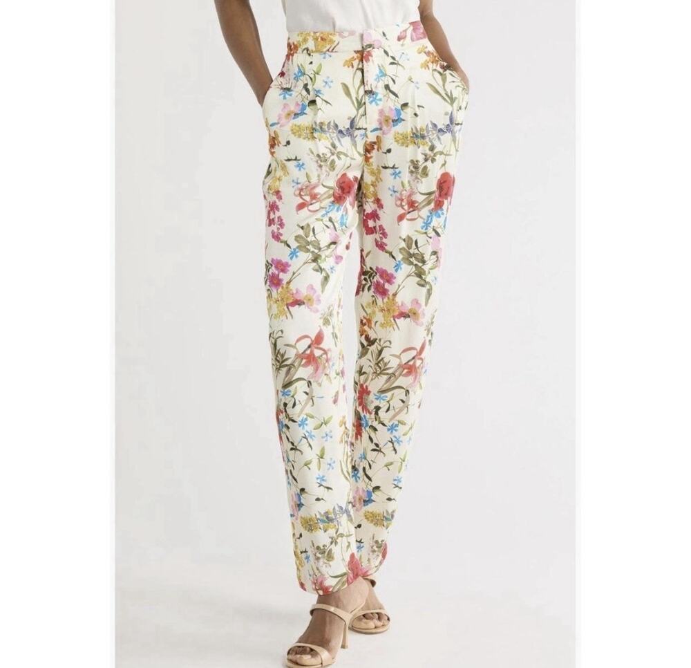 Joie Floral Print Pants Meadow Bloom Size S Ivory Multicolor Straight Leg Pullon